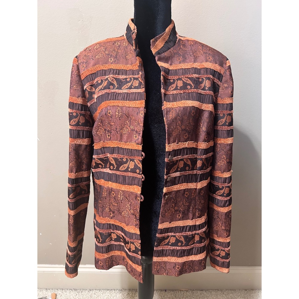 Danny & Nicole Women Brown Copper Paisley Brocade Open Front Jacket Size 16
